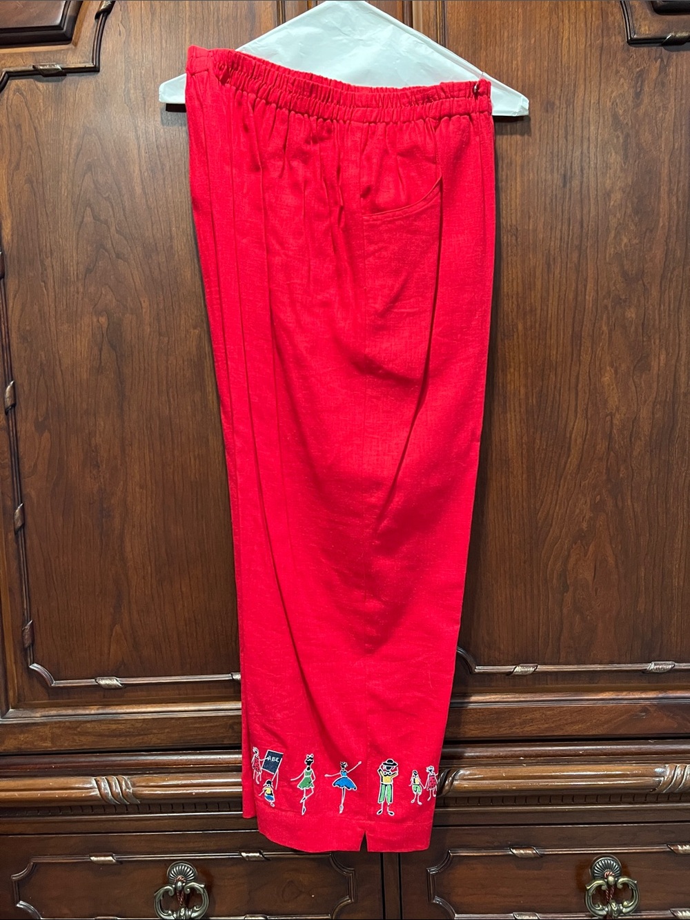Red Embroidered Casual Women’s Pants